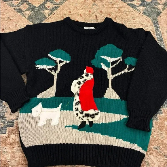 Spice of Life Vintage Black Winter Sweater Woman Walking Dog Large - Picture 1 of 3